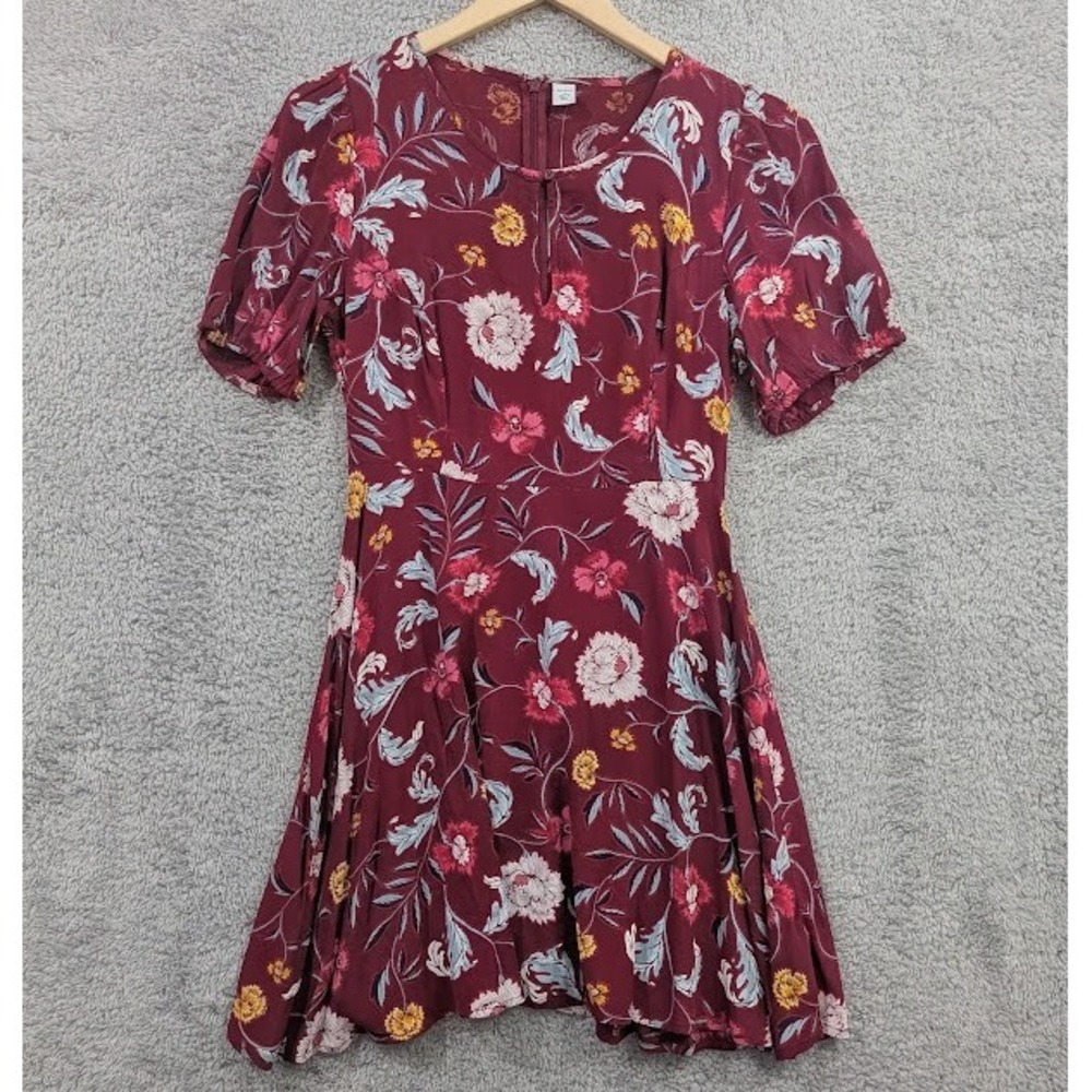 Old Navy Fit & Flare Crepe Dress Women Small Petite Burgundy Floral Peephole NWT